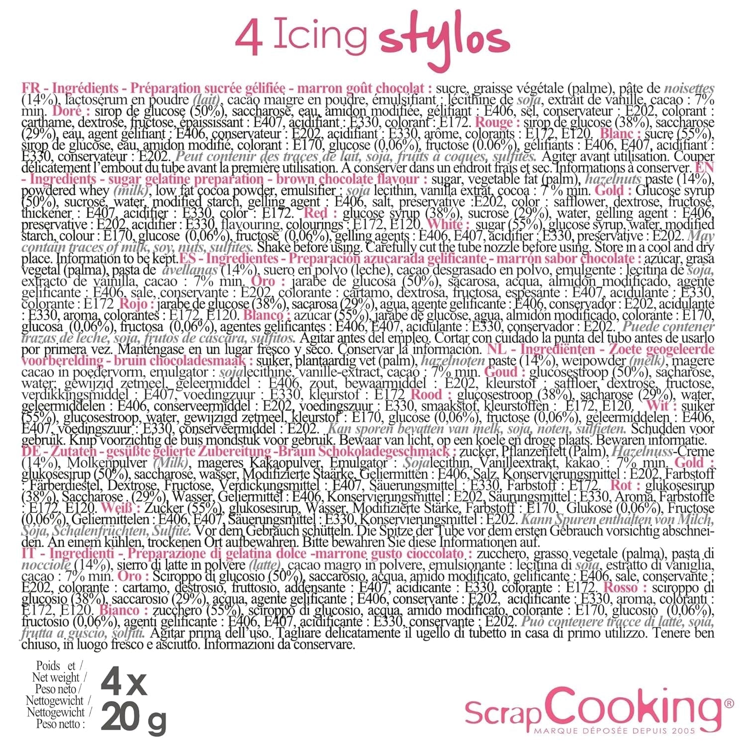 Scrapcooking - Marqueurs 4 pièces : or, chocolat, blanc et rouge - feutres comestibles décoratifs pour écrire et dessiner sur desserts, gâteaux et biscuits