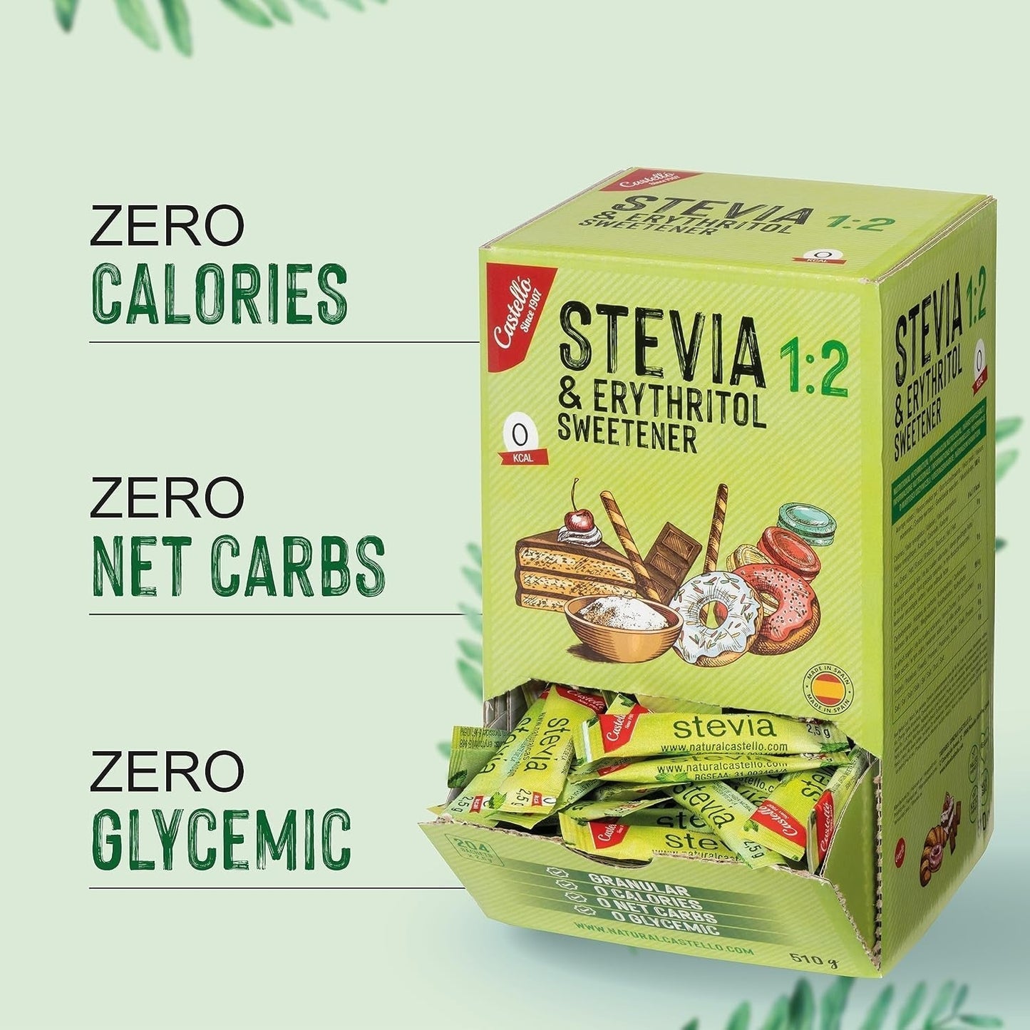 Stevia + Erythritol 1:2 Tissu doux | 204 Sac Mythe 2,5 G | Ingrédients 100% naturels - 0 calories - 0 indice glycémique - Keto et Paleo - 0 Kohlenhydrate - Kein GVO - Castello depuis 1907-510 G Édulcorants Naty Shop