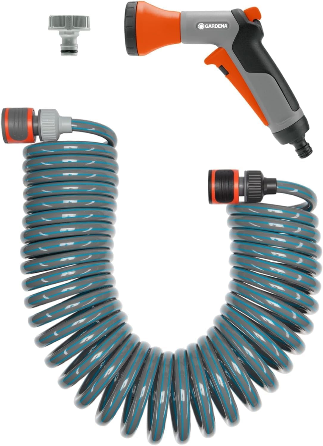 Gardena 4647-20 Kit complet de tuyau spiralé, avec rétraction automatique du tuyau, avec buse de pulvérisation et raccord de robinet (longueur du tuyau : 10 m, diamètre du tuyau : 9 mm, kit : oui)
