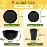 Vaisselle de camping Ensemble de vaisselle en plastique réutilisable léger de 32 pièces pour 8 personnes comprenant des bols, des assiettes, des tasses, une vaisselle de pique-nique incassable en plastique écologique