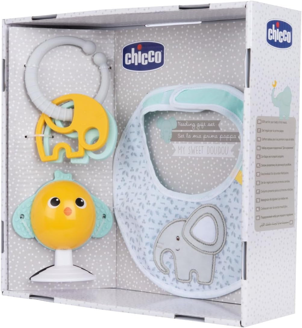 Chicco coffret repas Dou Dou, set bavoir, jouet chaise haute avec ventouse en forme de poulet mignon, avec deux hochets colorés, facile à attraper à partir de 6 mois Jouets pour bébés Naty Shop