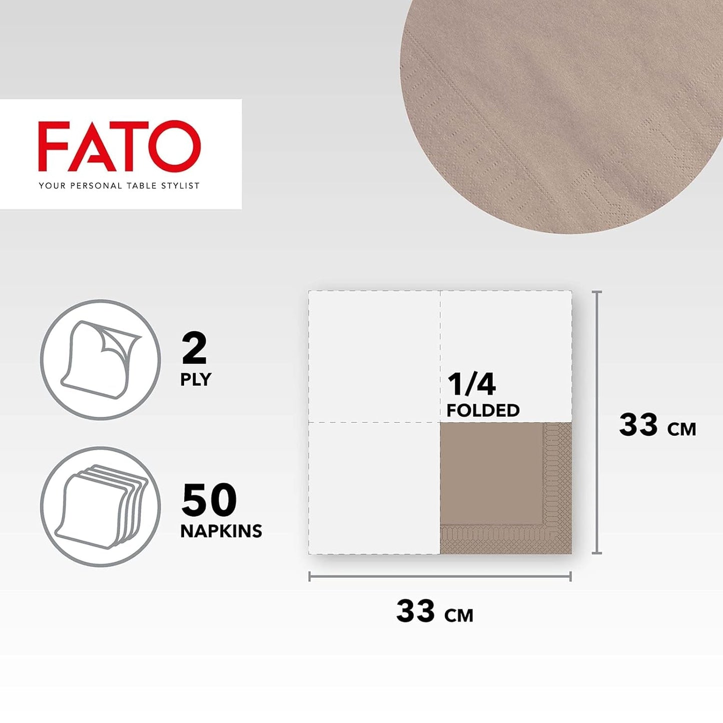 Fato, Serviettes en papier jetables, idéales pour les déjeuners et buffets décontractés, paquet de 50 serviettes, taille 33 x 33, pliées en 4, 2 couches, tourterelle, papier 100 % pure cellulose, certifié FSC