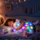 Chat en peluche musical à LED, jouet chantant léger, mère chat avec 3 chatons dans le ventre, berceuse animée, jouet apaisant pour mères, enfants, petites filles, arc-en-ciel, 45 cm