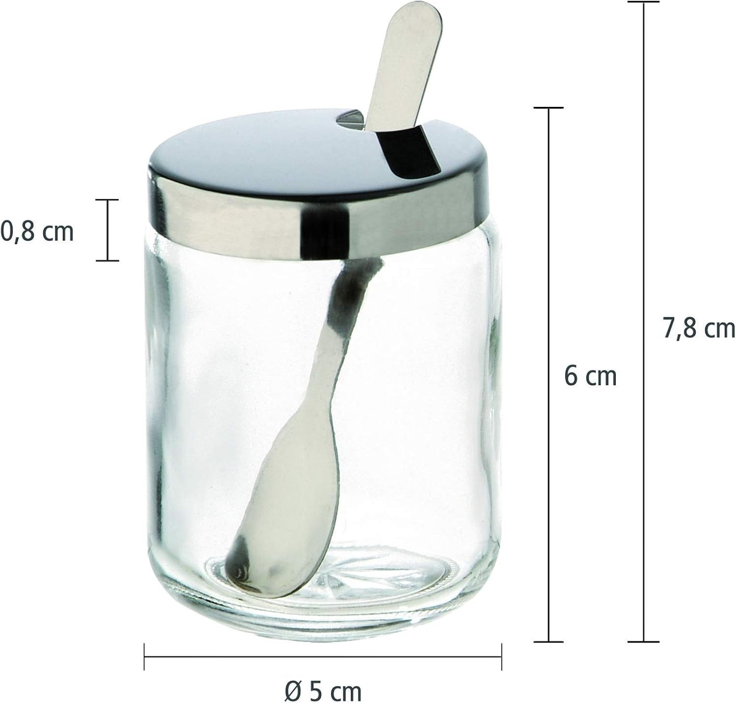 APS 40415 Moutardier, lot de 2, chacun Ø 5 cm, H : 6 cm, verre, acier inoxydable, incl. cuillère et couvercle