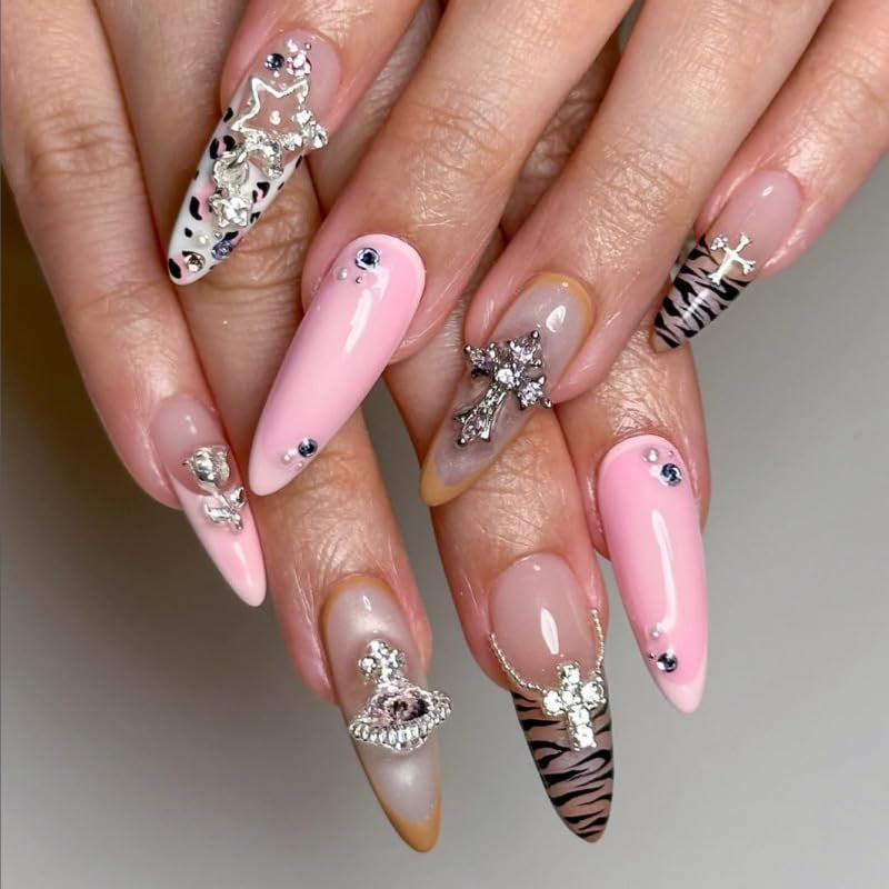 Mouyouglow longs ongles Stiletto laiteux blanc dégradé rose paillettes Cool faux ongles avec colle rose Ombre paillettes ongles artificiels