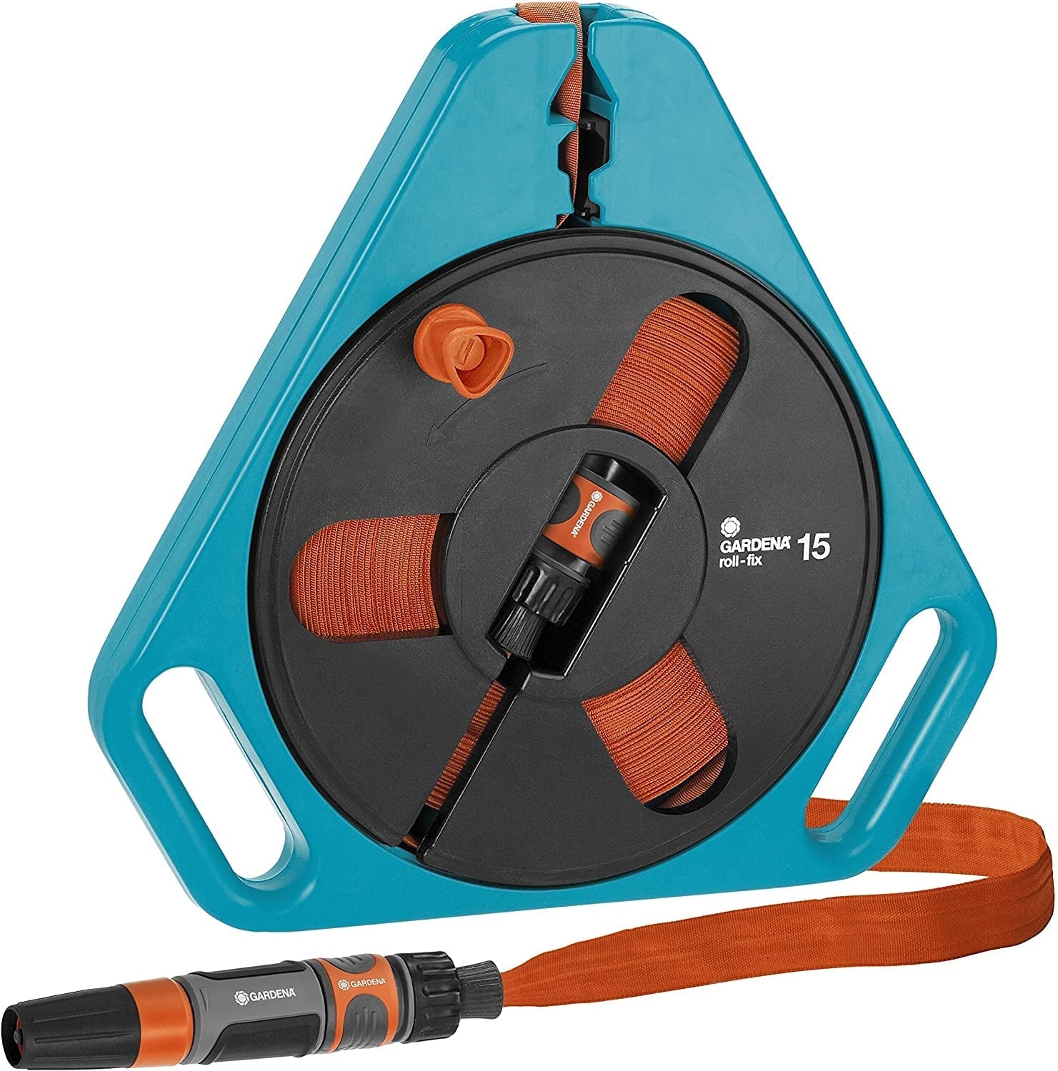Tuyau plat roll-fix Gardena Original Classic 15 m : Boîte à tuyaux économique avec tuyau d'eau (Ø 12 mm dans la boîte), mécanisme de sécurité automatique, incl. buse de pulvérisation, avec dispositifs de raccordement (756-20)