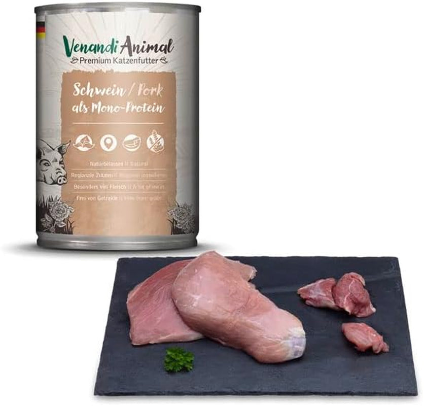 Venandi - Nourriture humide premium pour chats - porc comme protéine unique, 6 x 400g (paquet de 6), sans céréales avec un supplément de viande