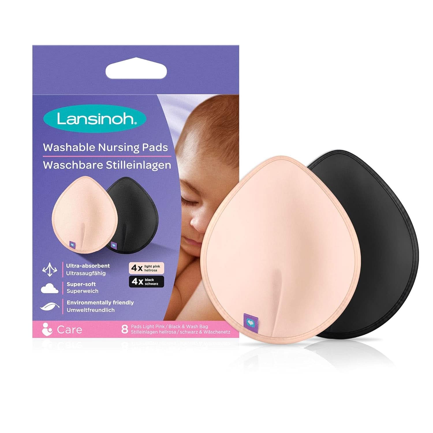 Lansinoh Coussinets d'allaitement lavables rose clair et noir - 8 pièces, Pommade tétine ultra absorbante et BIO Accessoires Alimentation et Allaitement Bebe Naty Shop