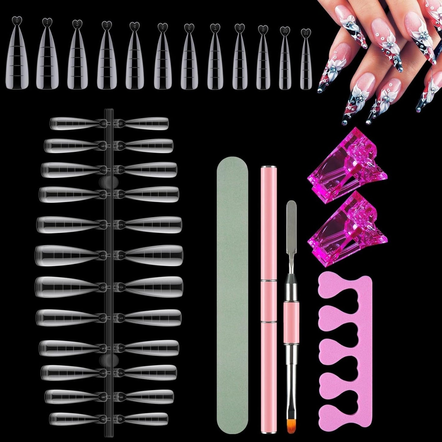 Ensemble de 120 formes d'ongles doubles, modèles d'extension d'ongles avec brosse rose à double extrémité, clip pour pointe d'ongle, séparateur d'orteil en éponge et lime à ongles pour ongles en polygel