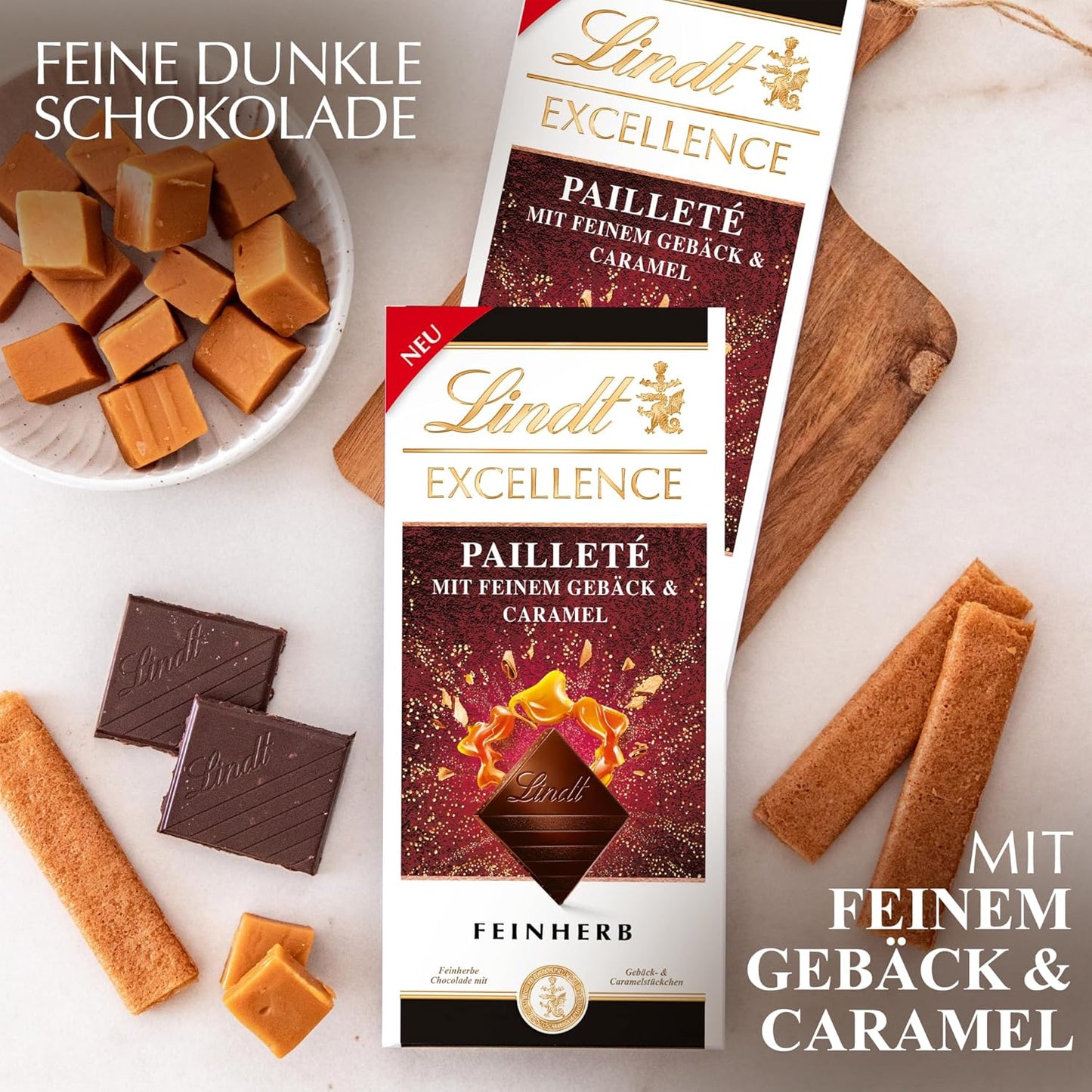 Lindt EXCELLENCE Pâte Aux Paillettes Et Caramel - Chocolat Noir Fin Au Goût Intense De Cacao