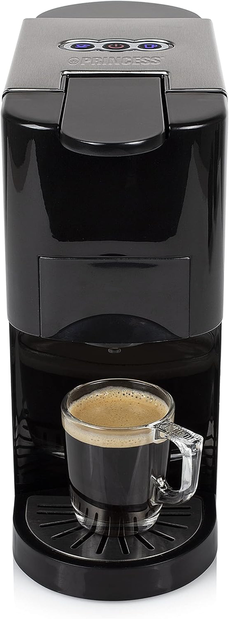 Machine à expresso multicapsules Princess 5 en 1 – Compatible avec Nespresso, Dolce Gusto, Lavazza a Modo Mio et ESE Pads, capacité 0,8 L, 1450 W, argent, noir