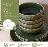 Mikasa Jardin Service de table 12 pièces, service de table en grès pour 4 personnes avec assiettes, assiettes latérales et bols, vert – Coffret cadeau et passe au lave-vaisselle