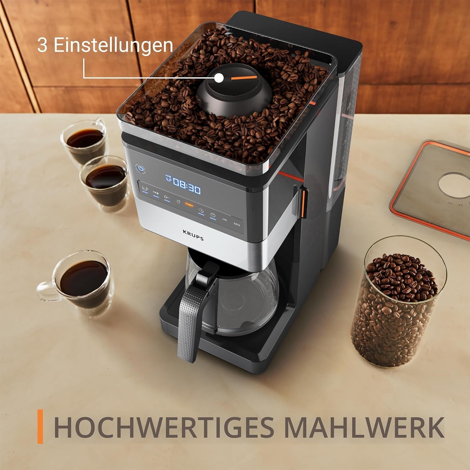 KRUPS Grind Aroma XL Machine à expresso, broyeur conique amovible, panneau de commande numérique, capacité XL (1,5 L), fonction maintien au chaud, carafe en verre, noir/acier inoxydable, KM842810