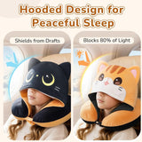 Mewaii Oreiller de voyage double face pour adultes, oreiller cervical en mousse à mémoire de forme, oreiller de vol réversible avec capuche de chat, sangle réglable