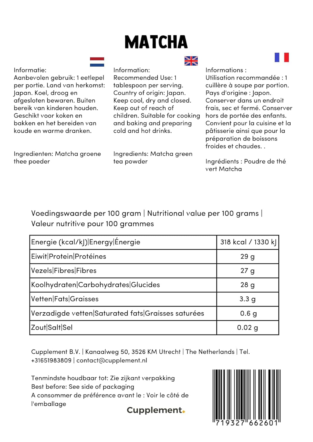 Cupplement Matcha 90 grammes bio - Thé vert en poudre de la plus haute qualité - Sans fouet ni fil de bambou - Culunaire - Coffret débutant - Latté - Fouet - Japon - Poudre - Thé - Fil - Sachet - Smoothie