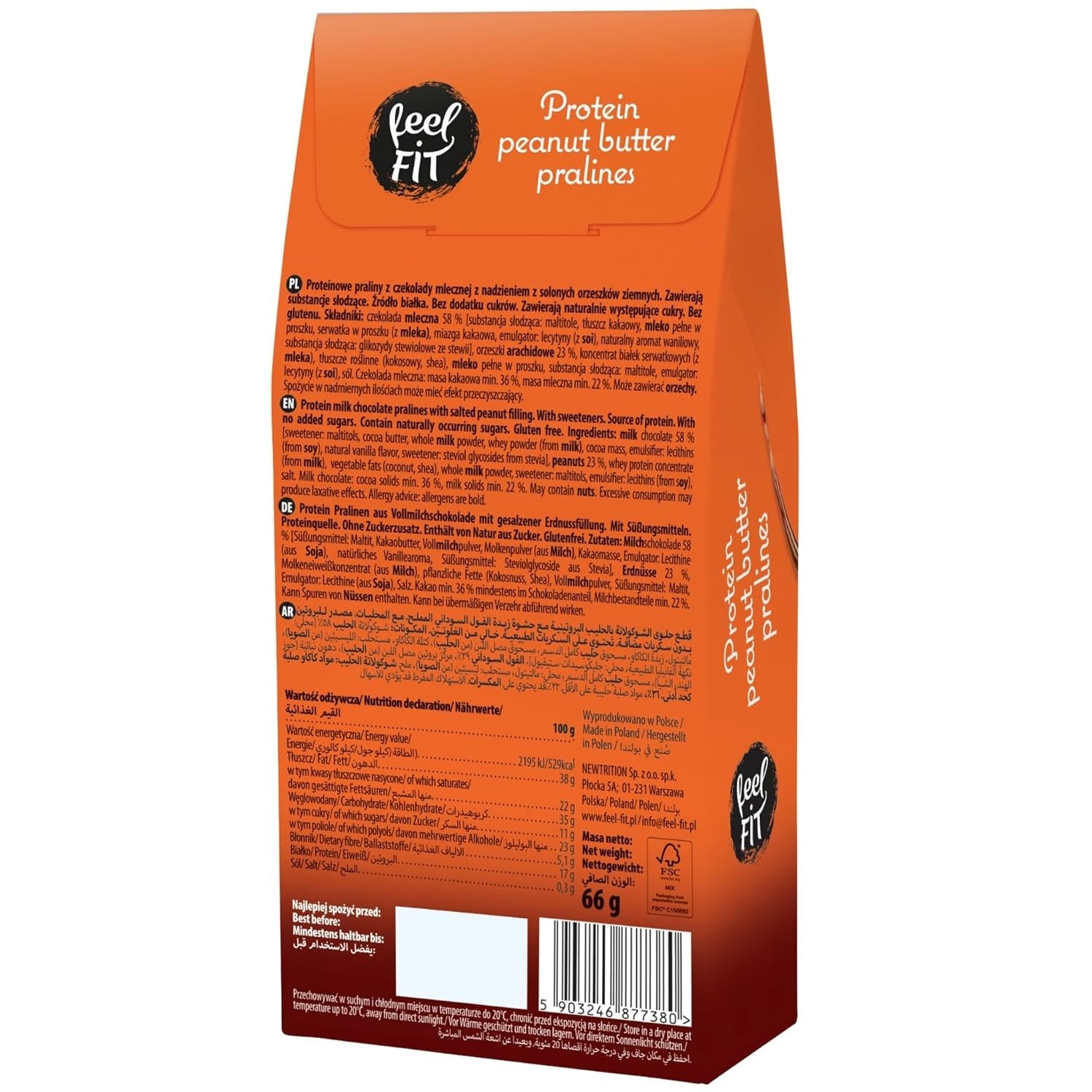Pralines protéinées au beurre de cacahuète Feel FIT dans du chocolat au lait de haute qualité, sans sucre ajouté, 17 % de protéines, sans gluten 66 g (1 paquet)