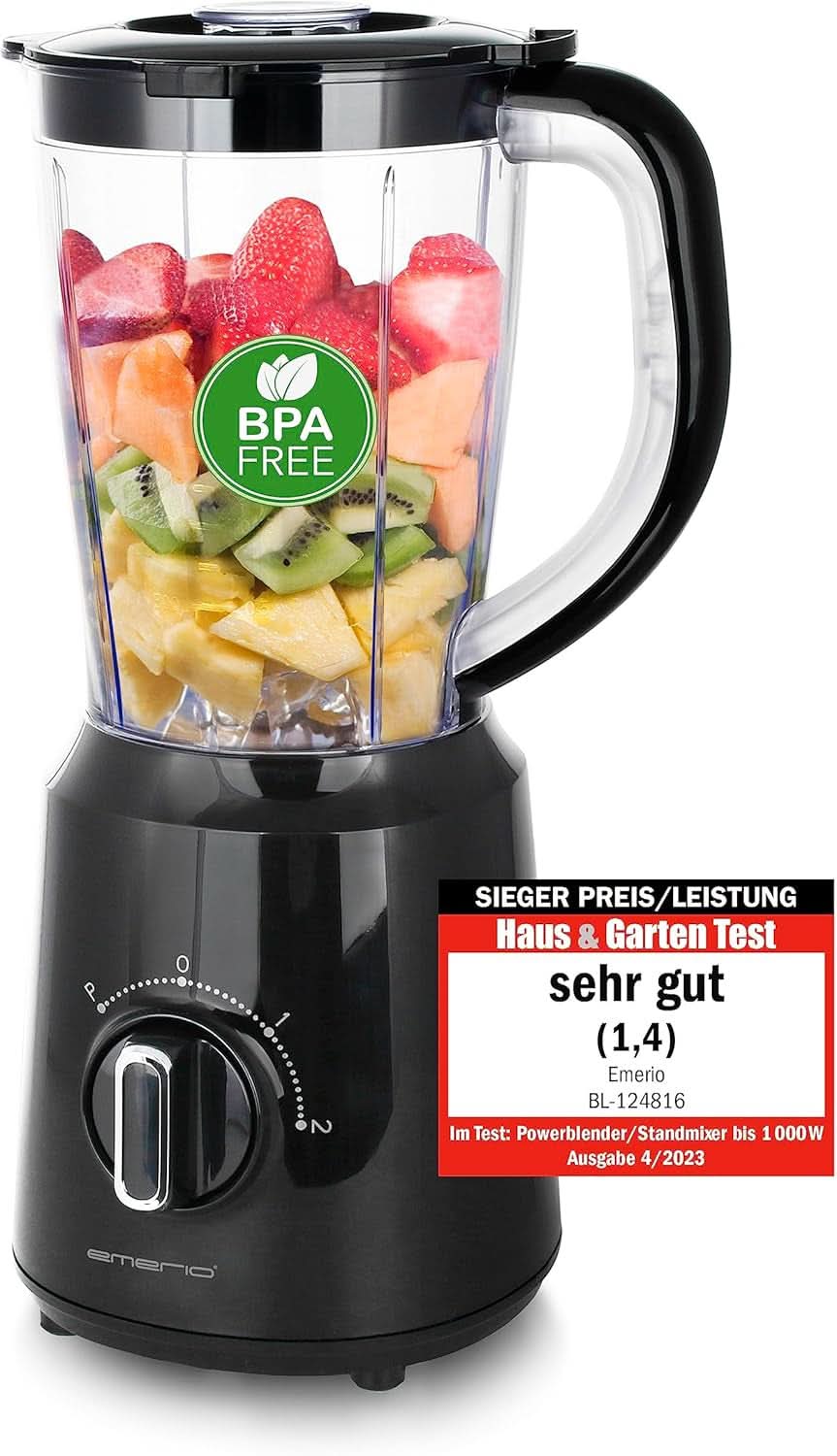Emerio Standmixer BPA Free Crush Ice Funktion 1.5L Behälter 2 Geschwindigkeiten + Pulse Funktion Messereinheit Aus Edelstahl Sicherheitsschalter Geschirrspülgeeignet 500 Watt BL-12816.8 Schwarz Bucatarie Naty Shop Schwarz