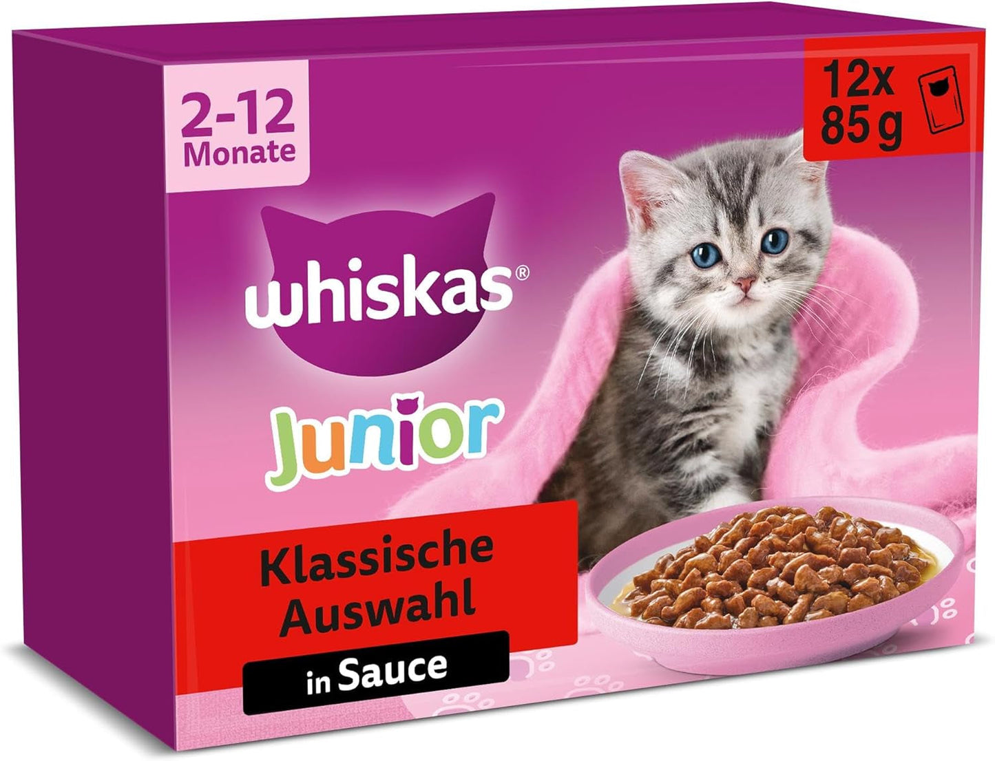 Whiskas Junior Classic Selection Nourriture humide pour chats en sauce, 48 sachets, 12 x 85 g (Pack de 4) - Nourriture humide de haute qualité pour chats en croissance, de 2 à 12 mois
