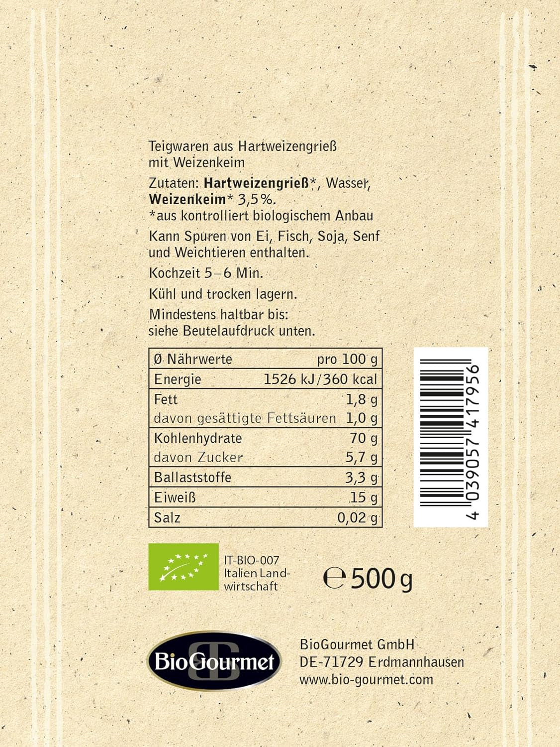 BioGourmet Pappardelle au Germe de Blé – Pâtes larges biologiques pour ragoûts et sauces – avec nutriments supplémentaires | 500 g Bio et Vegan