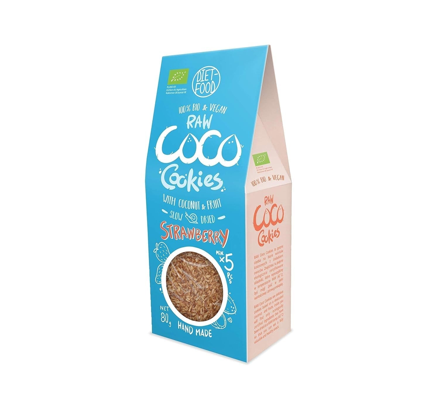 DIET-FOOD Biscuits Bio aux Chips de Noix de Coco et Fraises Snack santé Délicieux biscuits pour le bureau, sans conservateurs 80 g (1 paquet)