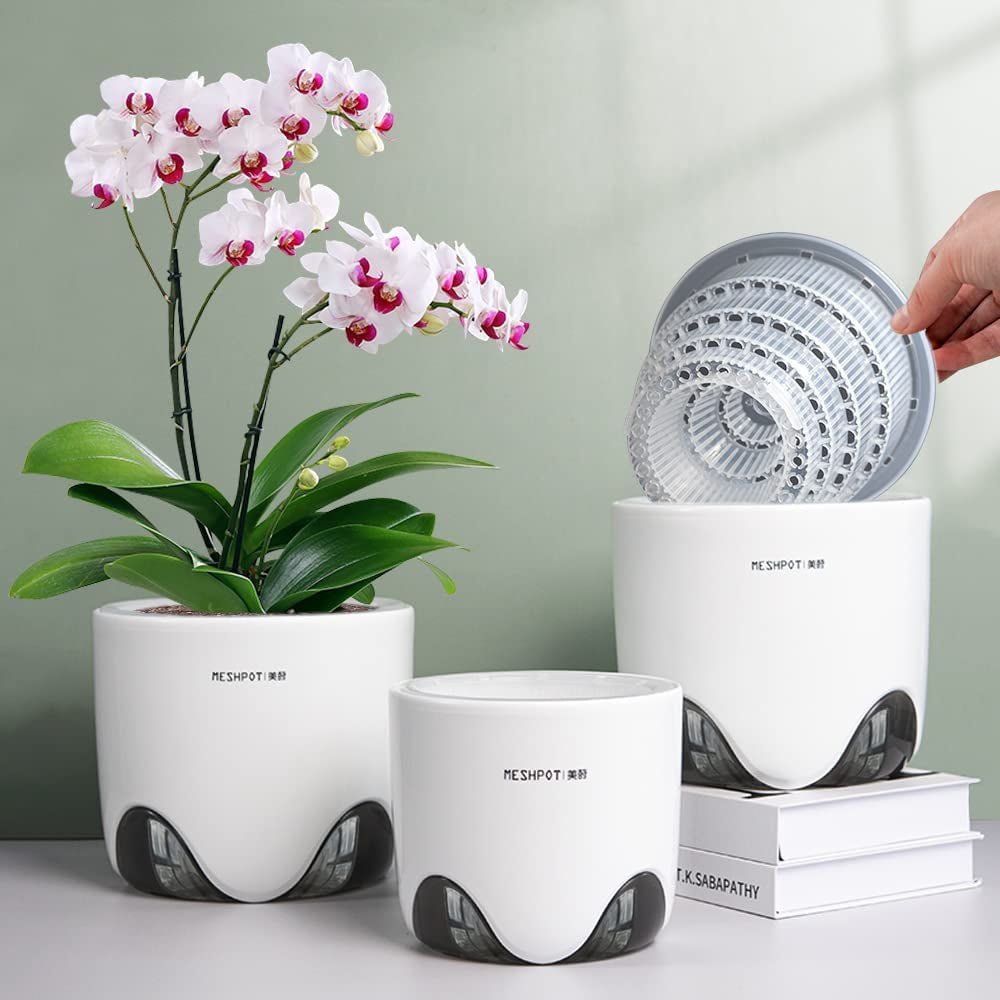 Pot de fleur d'orchidée avec trous de drainage pour la transplantation, excellente circulation de l'air, 2 pièces, plastique double couche, jardinière d'orchidée en céramique, pot de fleur d'orchidée transparent, décoratif
