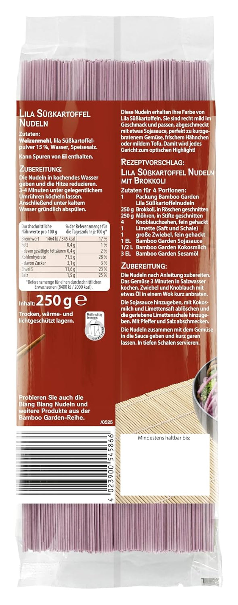 Bamboo Garden - Nouilles violettes à la patate douce | Nouilles fines au léger goût de noisette | Idéal pour les bols et les salades | Rapide à préparer Sachet de 250 g