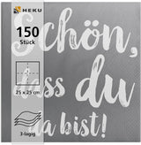 Serviettes de cocktail HEKU 'Schön Dass Du Da Bist', 3 couches, 25X25Cm, 150 pièces I Design élégant I Idéal pour les célébrations I Pratiquement emballé