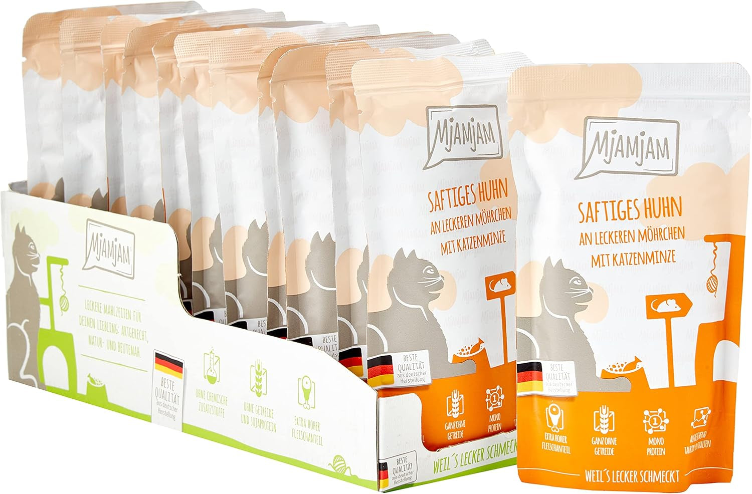 MjAMjAM - Nourriture humide de qualité supérieure pour chats – Sachet compressible – Poulet juteux avec de délicieuses carottes, paquet de 12 (12 x 125 g) sans céréales avec viande supplémentaire