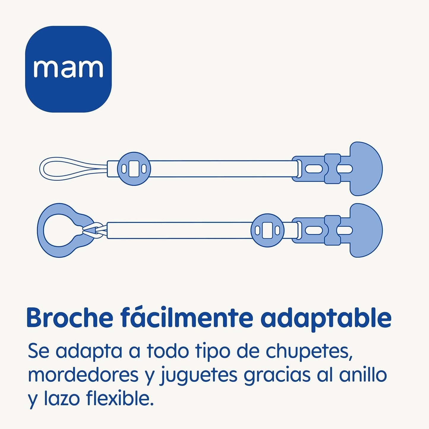 Sucette MAM, adaptée à tous types de tétines, anneaux de dentition et jouets, longueur réglable, avec cache-tétine, lavable, neutre, 1 pièce, assortie