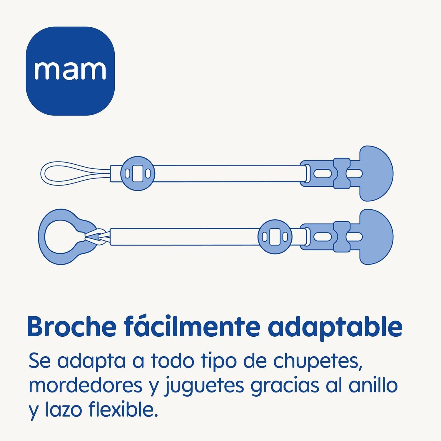 Sucette MAM, adaptée à tous types de tétines, anneaux de dentition et jouets, longueur réglable, avec cache-tétine, lavable, neutre, 1 pièce, assortie