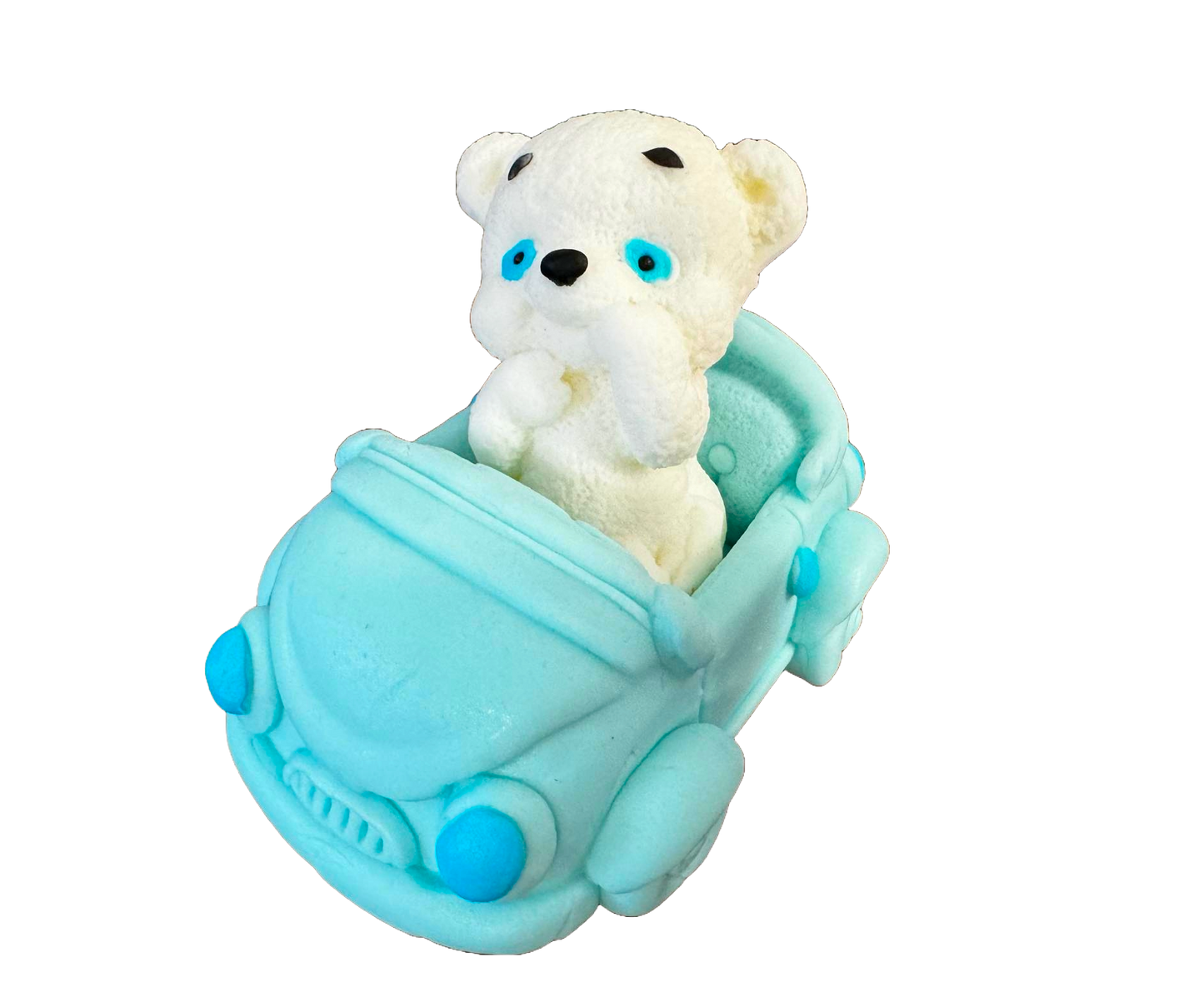 Décoration comestible en pâte à sucre, Ours blanc avec voiture bleue Décorations en pâte à sucre Naty Shop