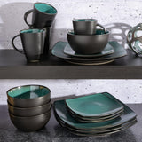 Gibson 99813.16R Elite Soho Lounge Reactive Glaze Service de table pour 4 personnes, 16 pièces, effet bicolore bleu-vert/noir