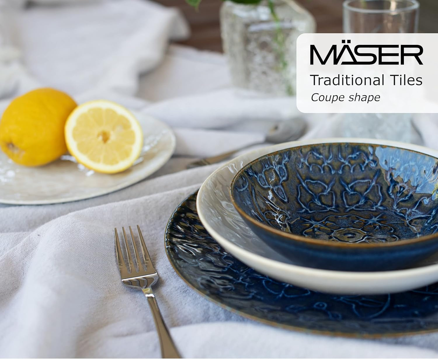 MÄSER 935079 Service de table moderne vintage pour 2 personnes, design mauresque, service de table 8 pièces, assiettes et bols en céramique de haute qualité, grès, blanc