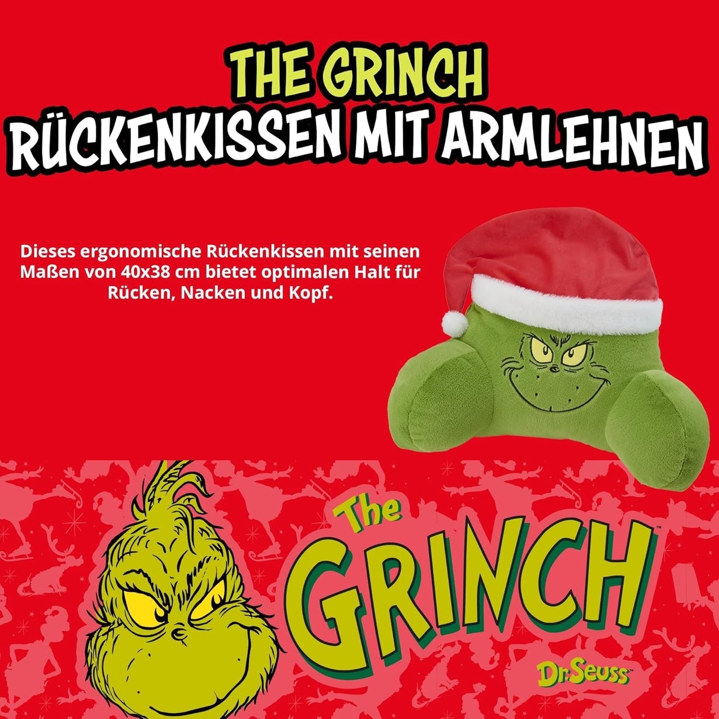 Grinch Pillow - Oreiller de dos pour lit et canapé, support dorsal avec accoudoirs, oreiller de lecture pour le dos, le cou et la tête, vert, 40 x 38 cm