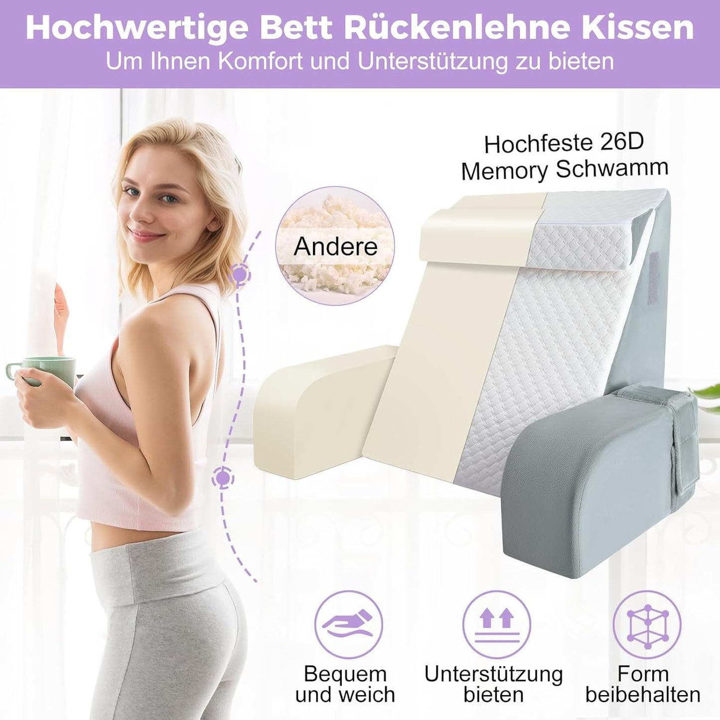 Grand oreiller de lecture avec barre de poignée, mousse haute densité, oreiller ergonomique pour le dos, accoudoirs, support de cou et appui-tête, coussin de siège inclinable pour dormir, jouer, regarder la télévision, pour lit et canapé
