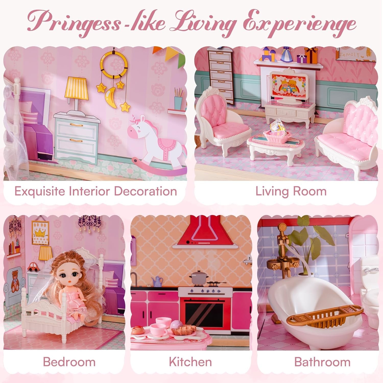 ROBUD Maison de poupée en bois pour enfants, jouet cadeau pour filles et garçons de 3, 4, 5, 6 ans