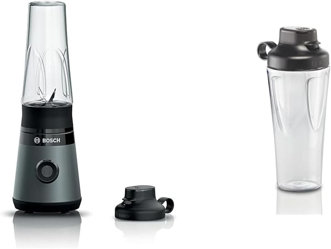 Bosch Mini-mixeur sur socle Vitapower Serie 2 MMB2111S, Mélangeur à grande vitesse, Jusqu'à 40 000 tr/min, Tritan Togo-Flasche 0,6 L, Trinkdeckel, Bruchsicher, Spülmasch.Geeignete Teile, 450W, Silber/Schwarz Kitchen Naty Shop Bundle Mit Togo-Flasche Silber / Schwarz