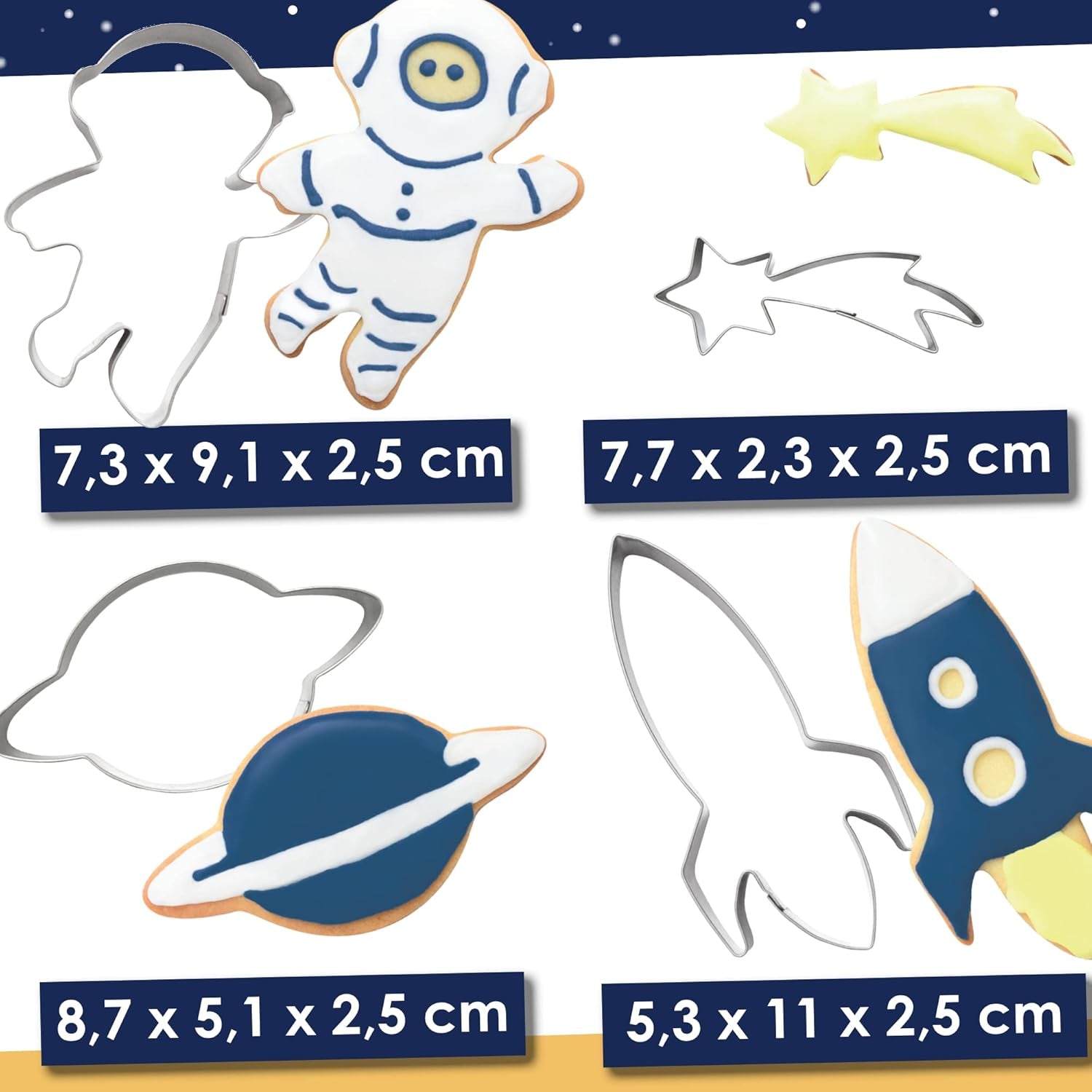 ScrapCooking – 4 Ausstechformen für Plätzchen, aus Edelstahl – Astronaut, Sternschnuppe, Rakete, Planeten – Formen für kleine Kuchen – Zubehör zum Backen Geburtstag Deko – 2084