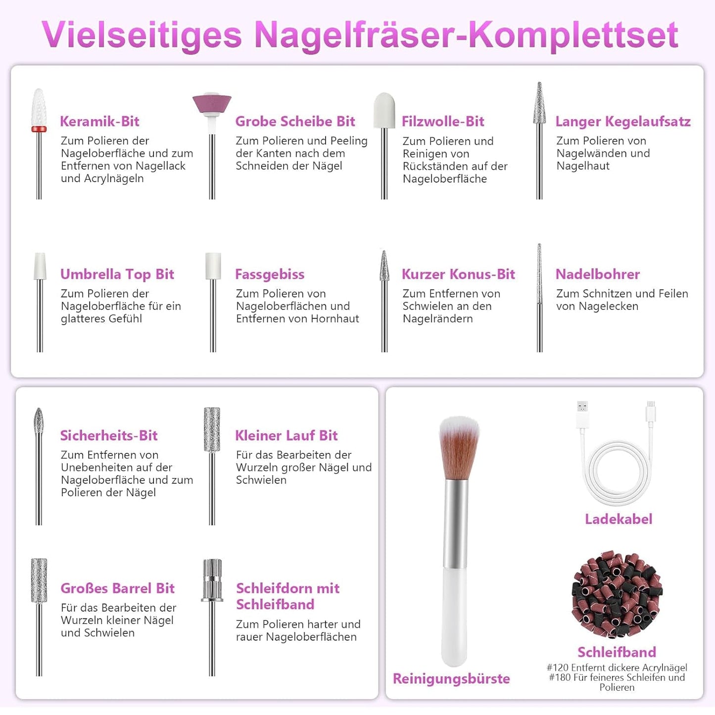Lime à ongles électrique sans fil - 35 000 tr/min pour ongles en gel, lime à ongles professionnelle et acrylique 12 en 1, ensemble manucure et pédicure à 5 vitesses