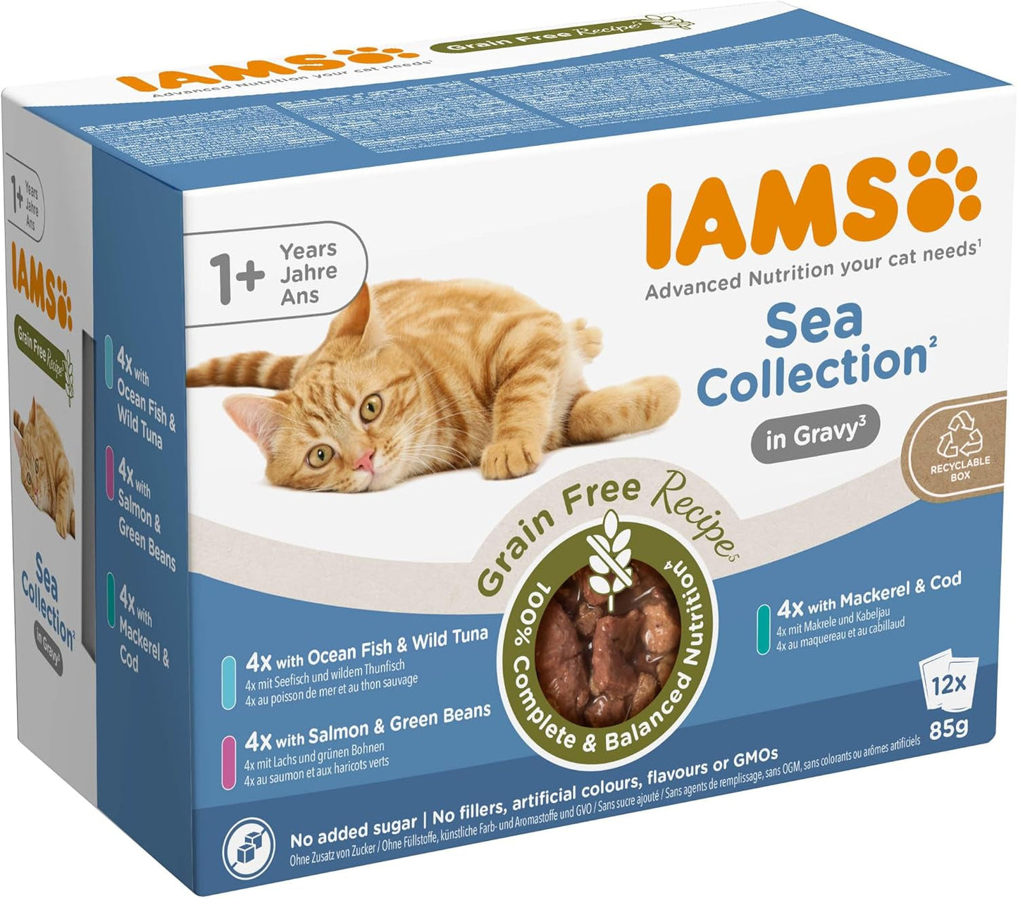 IAMS Delights Sea Collection Nourriture humide pour chats sans céréales - Multipack avec une variété de poissons en sauce, nourriture humide sans céréales pour chats à partir de 1 an, 12 x 85 g