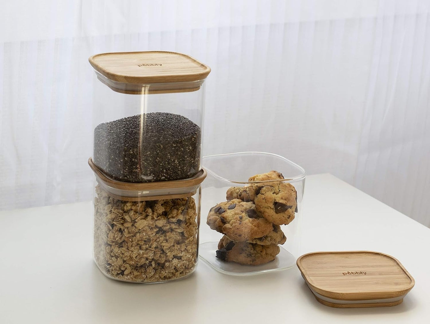 Lot de 3 récipients carrés en verre avec couvercle en bambou - 800 ml, verre borosilicate, bambou, silicone, naturel, 11 x 11 x 11 cm Boîtes de conservation alimentaire Naty Shop