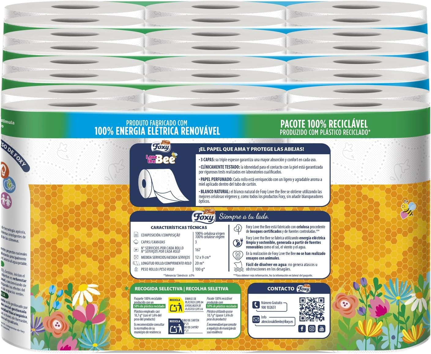 J’aime l’abeille | Papier toilette 3 épaisseurs | 48 rouleaux | 167 services au programme | Certificat Fsc | Électricité 100% renouvelable | Emballage recyclable fabriqué à partir de plastique recyclé