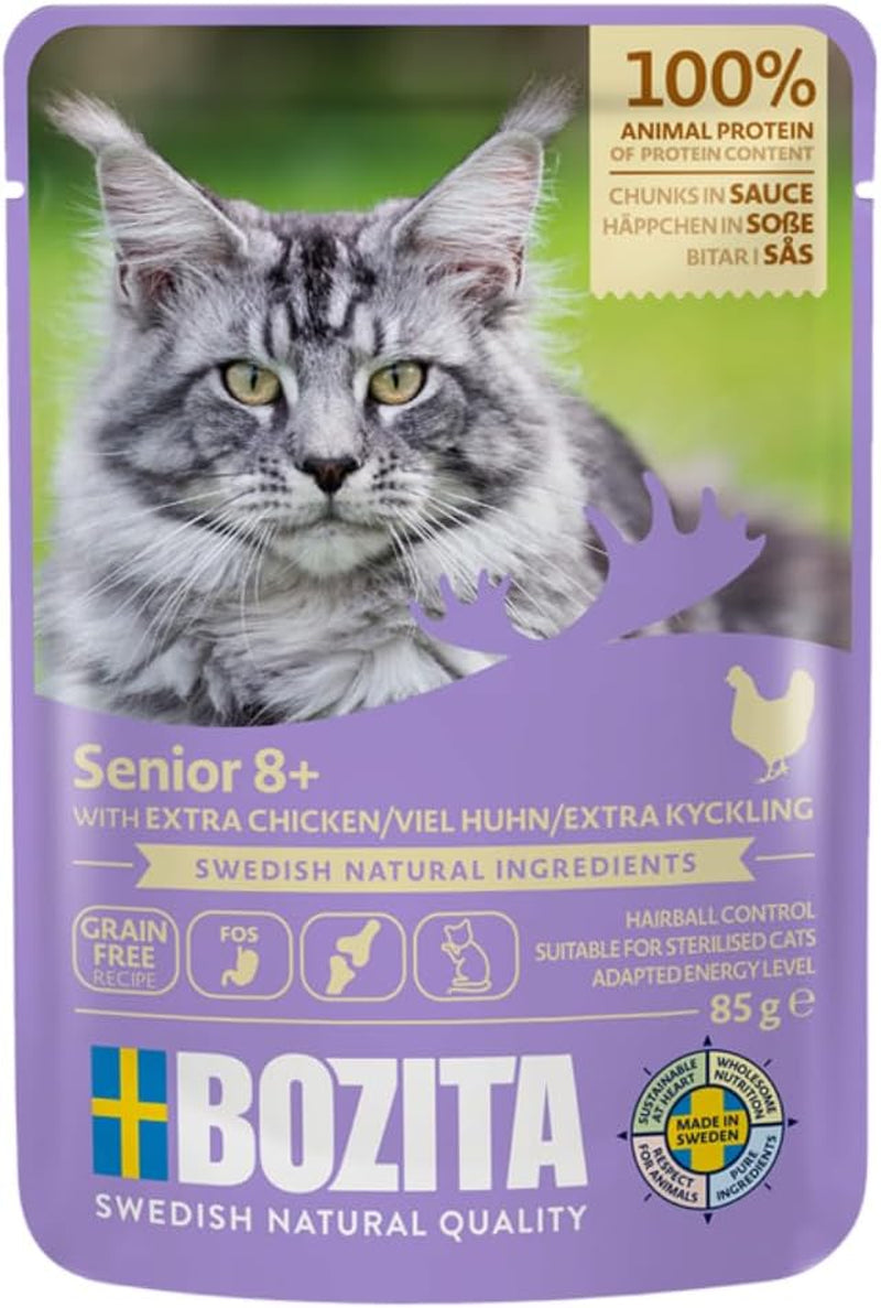 Bozita Senior 8+ Mound nourriture humide pour chat avec des céréales et beaucoup de poulet - 12 sachets x 85g, nourriture humide pour chat sans céréales ni blé - Nourriture humide pour chat avec 8,5% de protéines et 4,5% de matières grasses