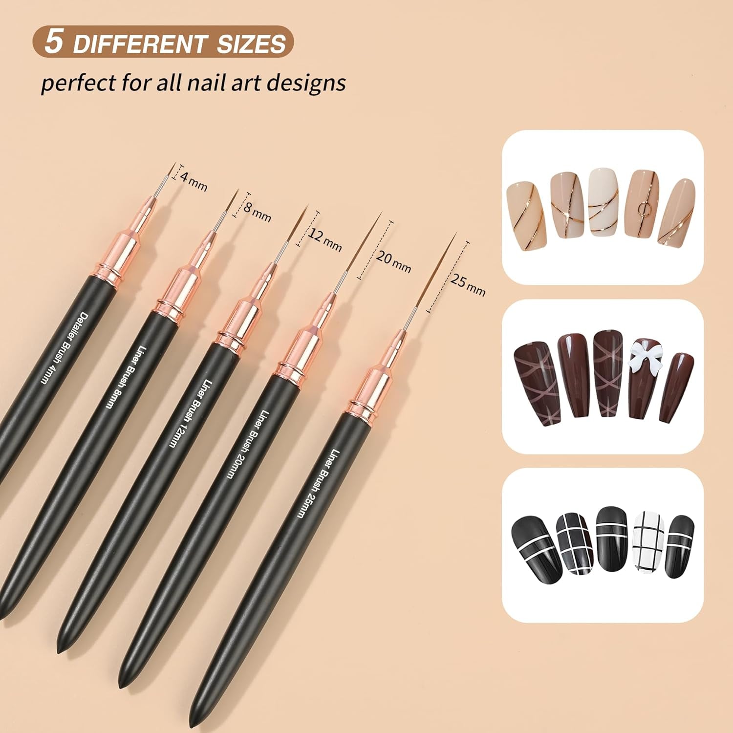 Lot de 5 pinceaux à ongles pour contour des ongles, ensemble de pinceaux de conception de peinture, outil de dessin de pointe d'ongle pour lignes longues, détails fins, dessin fin en taille 6/9/12/15/18 mm, noir