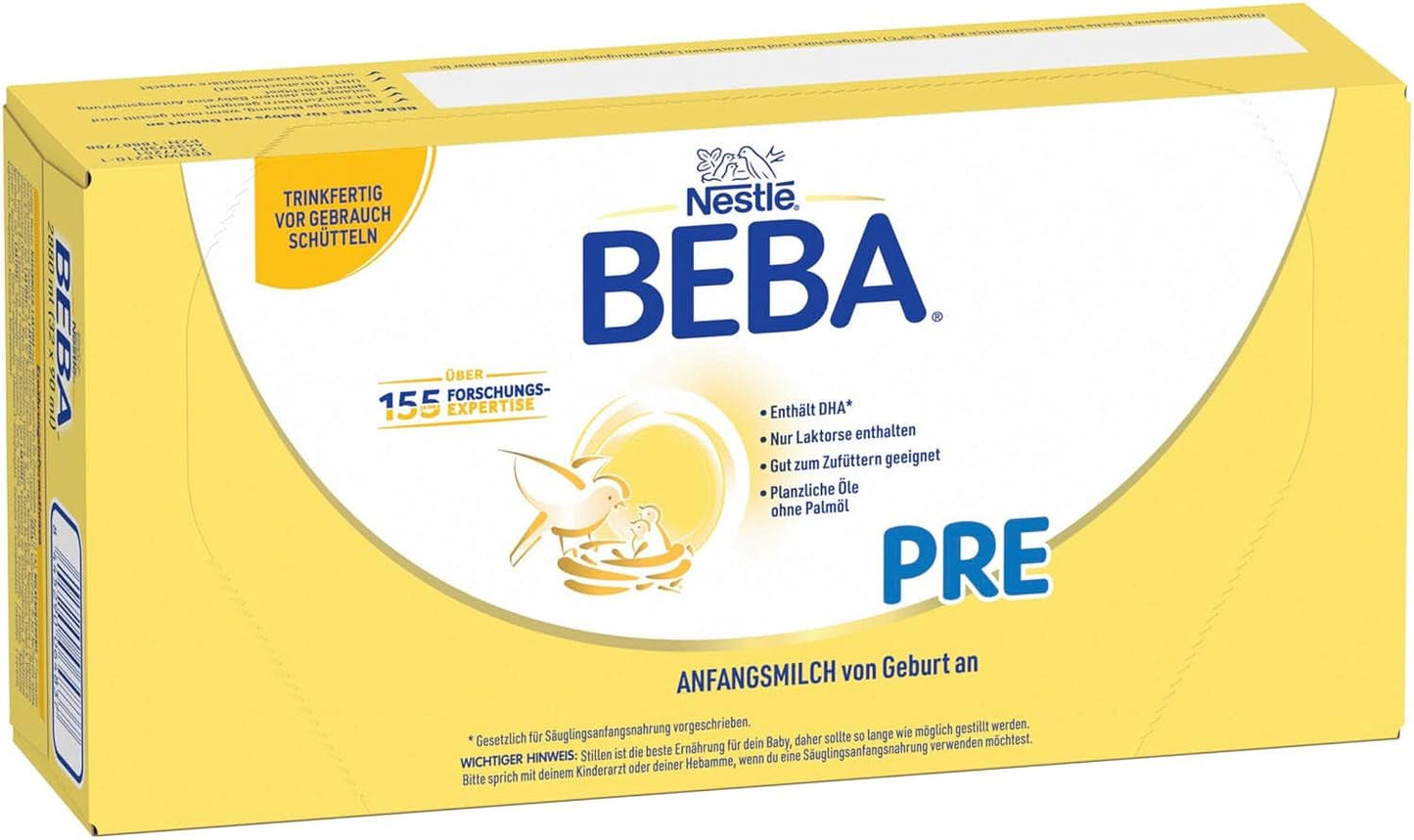 BEBA PRE Lait initial dès la naissance, aliment pour bébé avec DHA, uniquement lactose, sans huile de palme, pack 3 (3 x 800 g) Naty Shop PRE 32 x 90 ml 32 x 90 ml