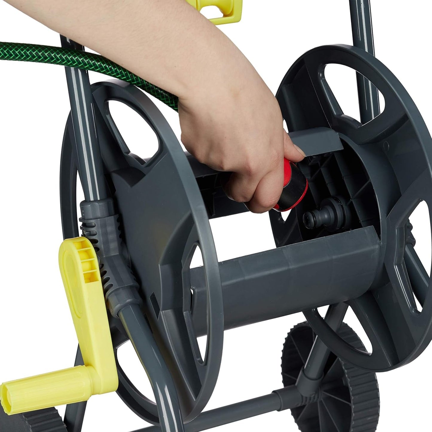 Dévidoir mobile Relaxdays 45 m pour tuyau d'arrosage et de balcon, avec guide-tuyau, 76,5x44x41 cm, gris-jaune