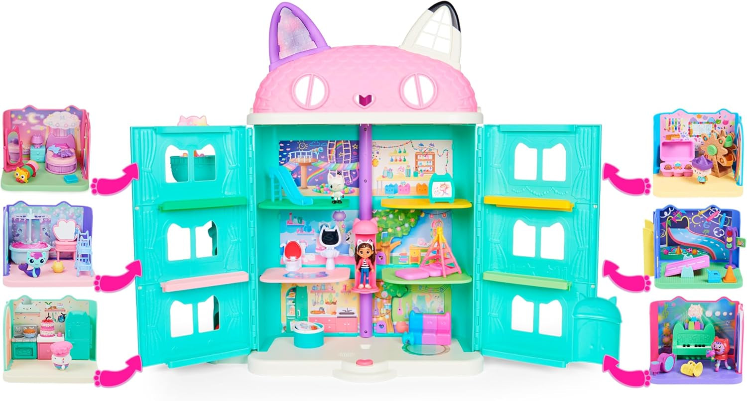 MAISON DE POUPÉES GABBY'S DREAMWORKS - Chambre Deluxe, Confiserie Cakey, Cuisine Kuchi (roumain : Cakey), 3 meubles et 2 boîtes surprises avec accessoires, adaptés aux enfants âgés de 3 ans et plus