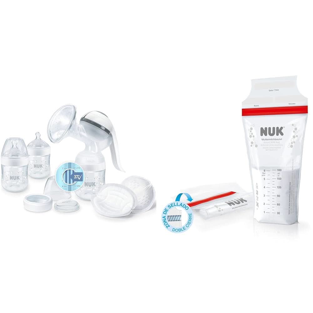 Tire-lait manuel NUK Nature Sense | Ensemble d'allaitement avec tire-lait manuel, biberons et coussinets d'allaitement Ultra Dry Comfort | 6 pièces accessoires d'alimentation et d'allaitement Bebe Naty Shop paquet avec sachet pour lait maternel avec contrôle de température
