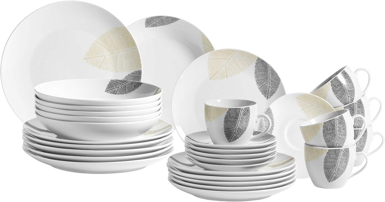 MÄSER 931215 Service de table joliment décoré pour 6 personnes, service combiné 30 pièces, avec formes sans cadre, porcelaine, blanc