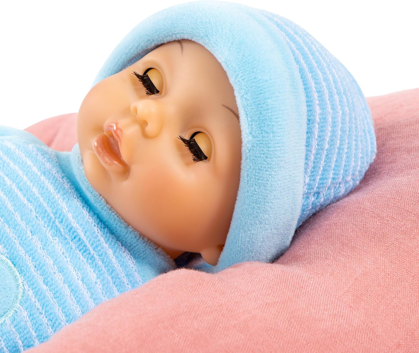 Bayer Design 92802AU My First Baby 28 cm, poupée bébé, poupée au corps doux avec des yeux endormis, très pratique, tenue mignonne, bleu avec cœur
